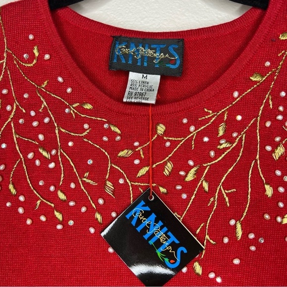 Carol Patterson Knits Red Linen Blend Pearl Beaded Embroidered Knit Top NWT - Picture 4 of 8
